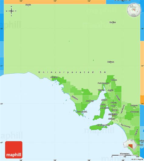 Equirectangular projection, n/s stretching 117 %. Political Shades Simple Map of South Australia