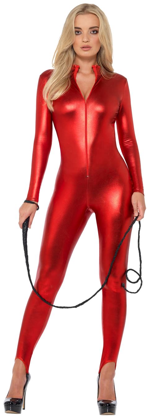 Sexy Red Catsuit Ladies Fancy Dress Halloween Devil Womens Adults