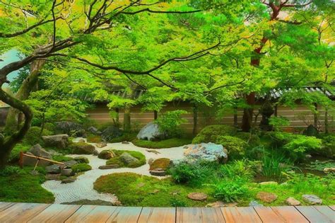 a japanese garden with rocks grass and trees