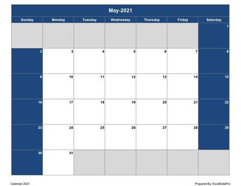 Download 2021 Monthly Calendar Sun Start Excel Template Exceldatapro