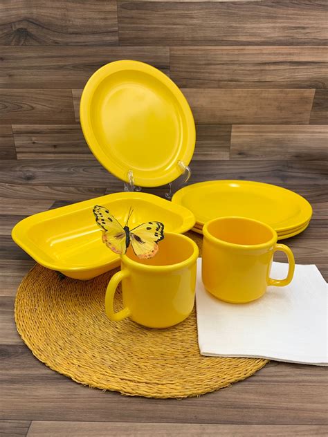 Vintage Melmac Dish set, Bright Yellow Plastic dishes, Mid Century ...