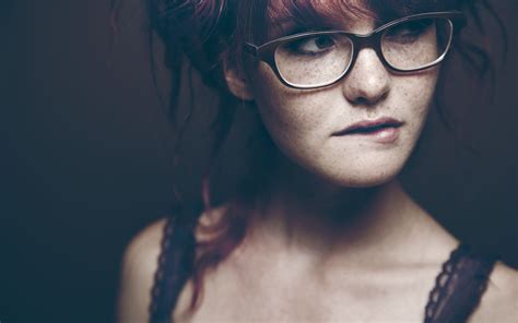 women redhead women with glasses looking away freckles face biting lip kacy anne hill