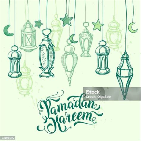 Surat Kaligrafi Ramadan Kareem Lampu Arab Sketsa Lentera Gantung Kartu