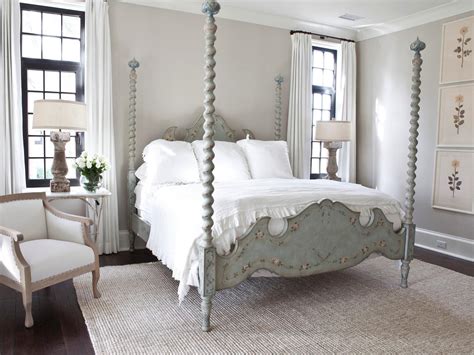 Check out these lovely french interior color combinations! Sophisticated French Country Bedroom With Four-Poster Bed | HGTV