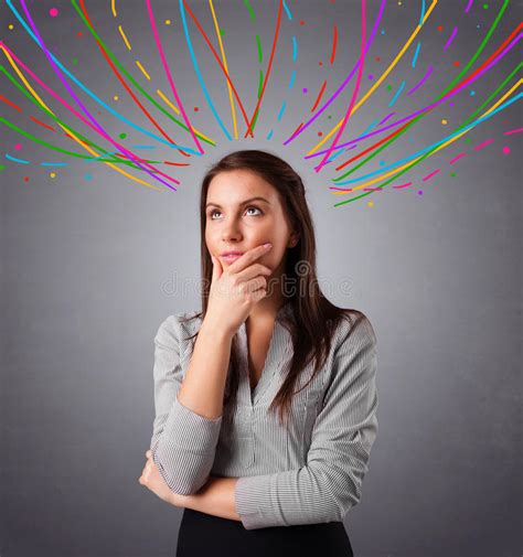 Young Girl Thinking With Colorful Abstract Lines Stock Image Image Of