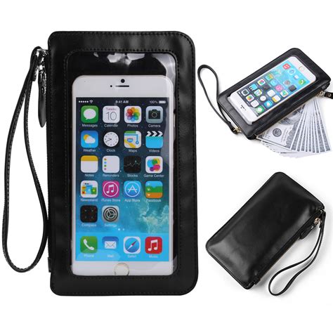 6.75" Black Leather Phone Pouch Purse Case Crossbody Bag ...