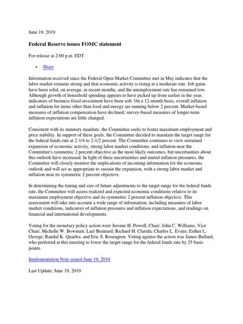 Federal Reserve Issues Fomc Statement Share Pdf Inflation Money