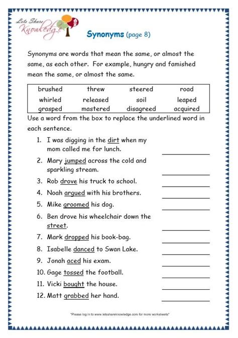 grade  grammar topic  synonyms worksheets synonyms worksheets