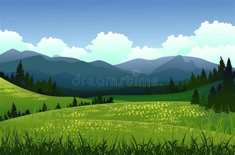 Landscape With Pine Forest And Mountain Background Stock Illustration