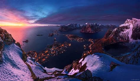Norway Island Sunrise Sea Snow Winter Cityscape Mountain Nature