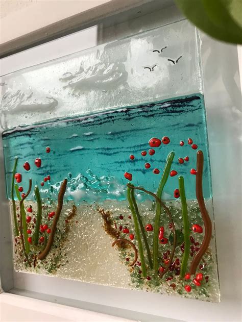 fused glass poppy field beach scene etsy uk in 2023 glass fusion ideas glass fusing