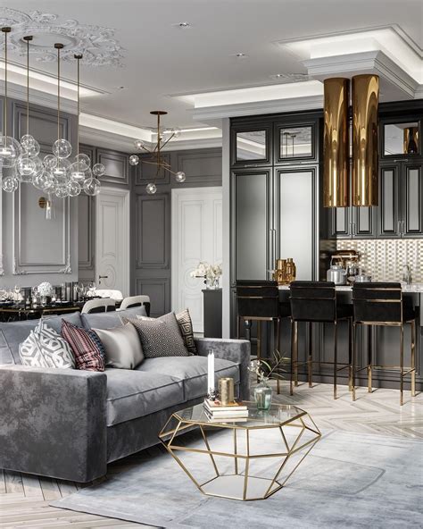 Luxury All Grey And Gold Monochromatic Living Room Decor Modern Grey