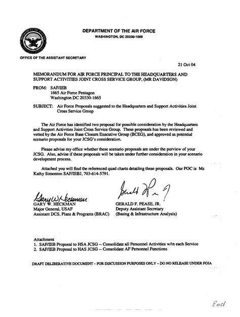 Memo On Air Force Proposals To Realign Military And Civilian Personnel