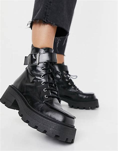 asos design acute leather chunky square toe lace up boots in black asos