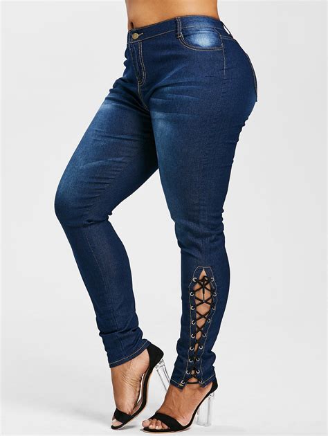 16 Off 2021 High Waist Side Lace Up Plus Size Jeans In Denim Dark