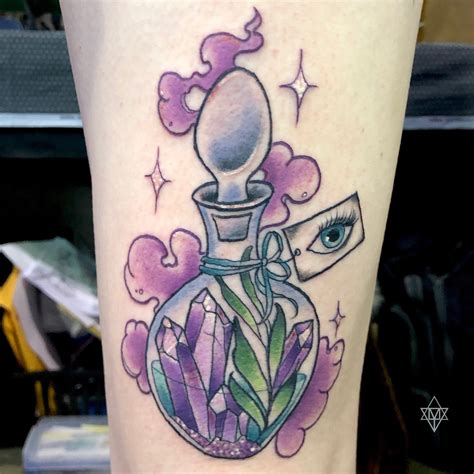 Colorful Potion Bottle With Crystals Tattoo Done By Momma Tomma Dream