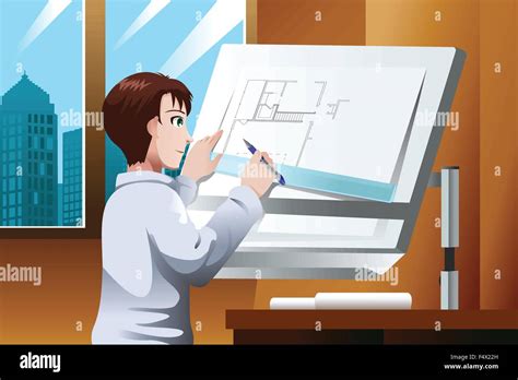 A Vector Illustration Of Architect Working On Blueprint In The Office