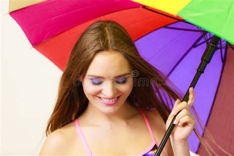 Woman Standing Under Colorful Rainbow Umbrella Stock Image Image Of Summer Rain 101942875