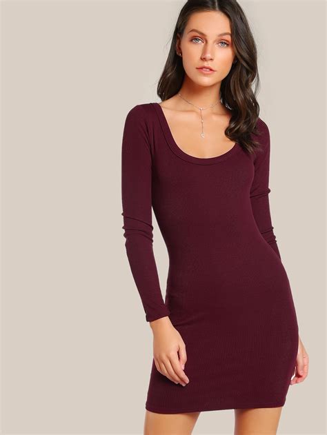 Shop Long Sleeve Ribbed Bodycon Dress Online Shein Offers Long Sleeve