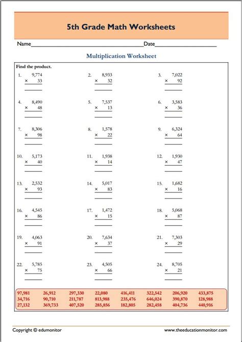 Free Printable Fifth Grade Multiplication Worksheets Archives