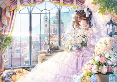 Wallpaper Beautiful Anime Girl Bride Wedding Dress Red