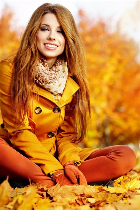Autumn Woman In Autumn Park With Red Umbrella Scarf And Leather Stock