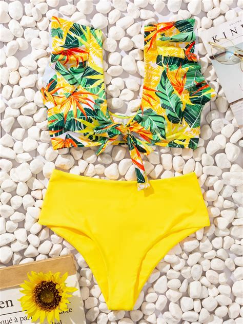 Random Tropical Print Ruffle Bikini Swimsuit