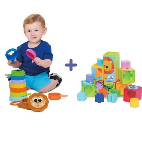 Kit Com 2 Brinquedos Educativos Para Bebês De 1 Ano Cubinhos 5 Em 1