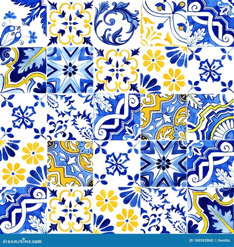 Portuguese Azulejos Tile Seamless Pattern Traditional Watercolor