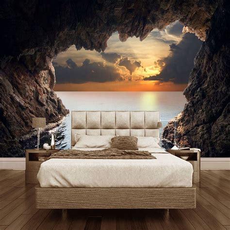 Custom Wallpaper Mural 3d Cave Seascape Sunrise Home Decor