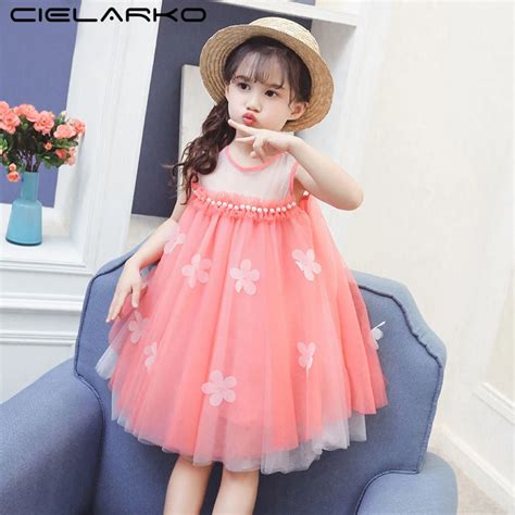 Cielarko Girls Flower Party Dress Pearls Pink Baby Clothes For Birthday