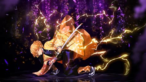 Hd wallpaper anime demon slayer kimetsu no yaiba zenitsu. Demon Slayer Zenitsu Agatsuma With Weapon With Background Of Purple Flowers With Lighting HD ...