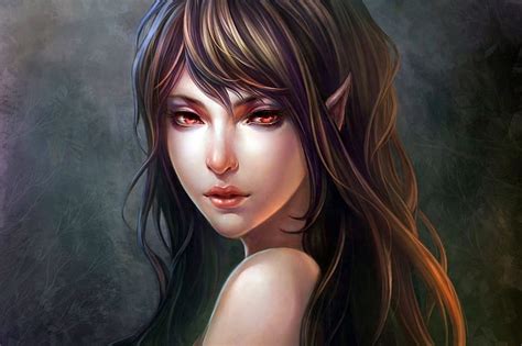 Free Download Hd Wallpaper Girl Fantasy Long Hair Red Eyes Lips Face Brunette Artwork