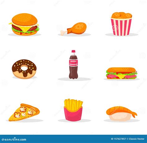 Fast Food Cartoon Color Vector Illustrations Set Stock Vector