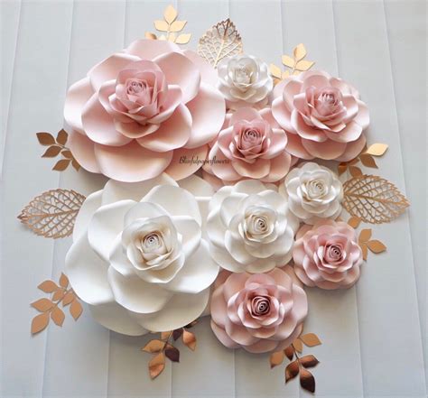 Paper Flowers Rose Gold Leaves Rose 9 Piece Blush And White Etsy