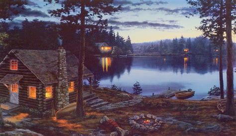 Cabin On The Lake In The Moonlight Image Size 20w X 10h Cabin Art