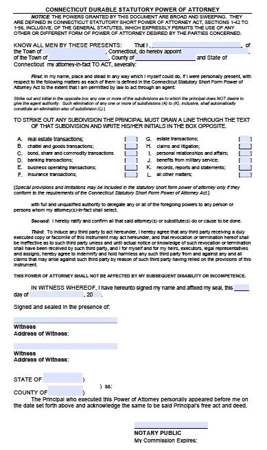 Free Connecticut Durable Statutory Power Of Attorney Form Pdf Word