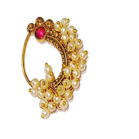 Buy Traditional Golden Ethnic Bridal Maharashtrian Nose Ringnath Without Piercing Encased With