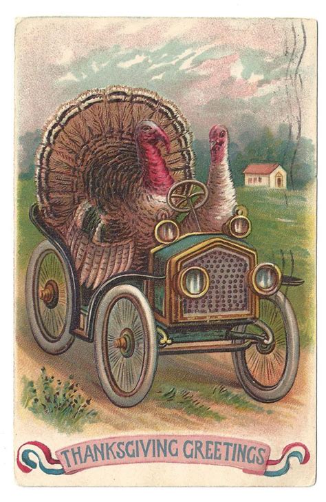 1908 Vintage Postcard Thanksgiving Turkeys Driving Blue Car Fantasy