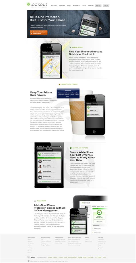 The cool think about their landing page is the interactive iphone app that demos the actually the application is quite popular and is well known for it's simplistic ui and amazing focus on readability. Lookout App | App landing page, Mobile app, Mobile app design