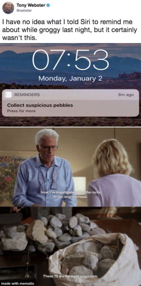 Suspicious Pebbles The Good Place Super Funny Pictures Really Funny