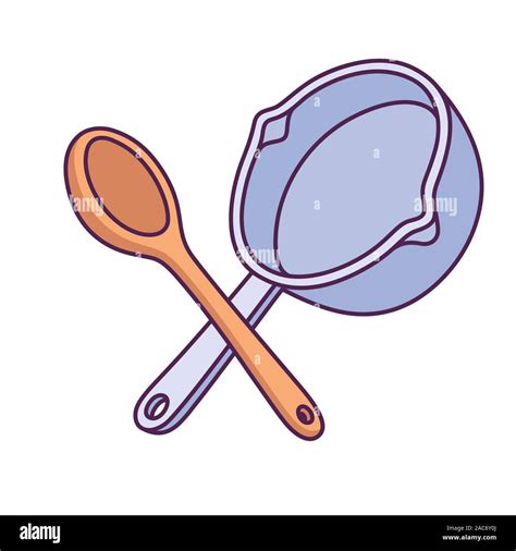 Crossed Wooden Spoon And Cooking Pan Drawing In Simple Cartoon Style