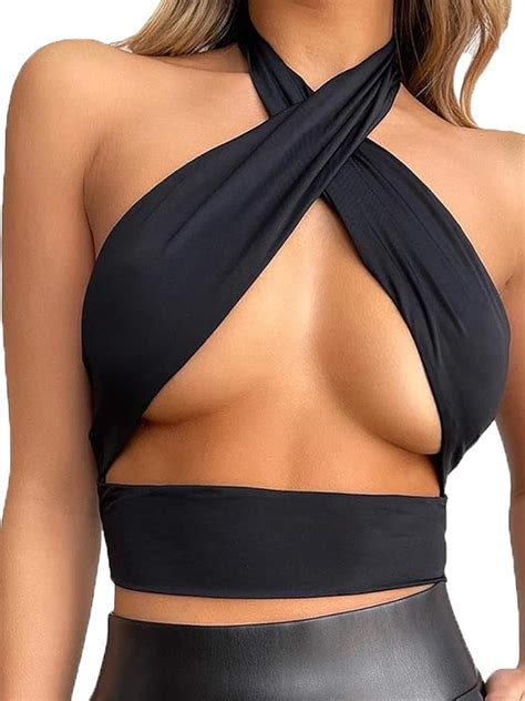 Womens Sexy Criss Cross Halter Tie Back Crop Top Vest For Summer Amazonde Bekleidung