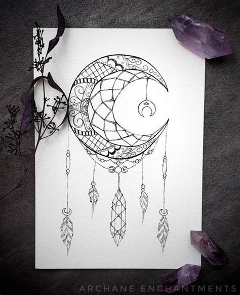 Enjoy this tutorial and happy dreams! 5x7 moon catcher mandala ink illustration print drawing ...