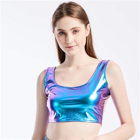 Shiny Women Metallic Rave Dance Festival Clubwear Crop Tank Tops Short Vest Summer Sleeveless