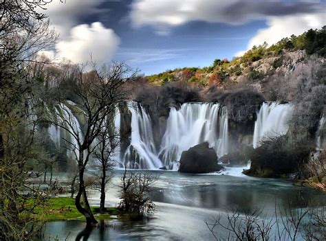 Kravice Waterfalls Bosnia Trees Waterfall Clouds Nature Hd