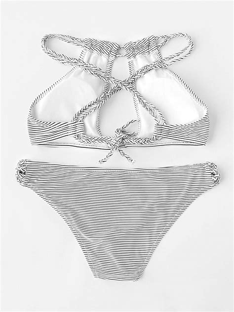 Striped Print Braided Strap Keyhole Bikini Set Shein Sheinside