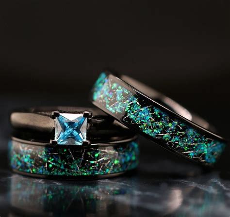 His And Her 3 Piece Real Meteorite Ring And Opal Ring Set Stainless Steel