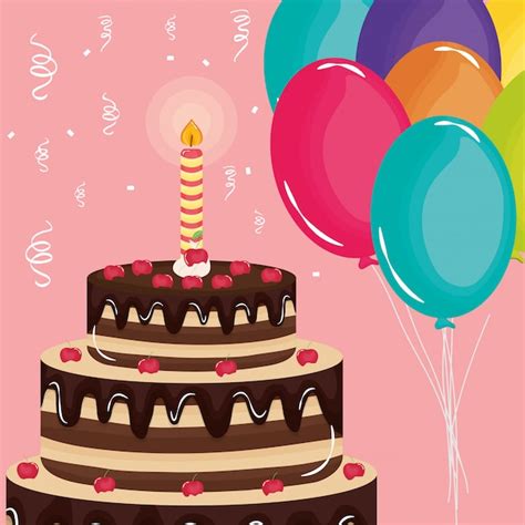Cartão De Feliz Aniversário Bolo Doce E Vela Com Balões De Hélio