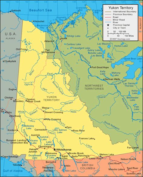 Yukon Territory Map And Satellite Image Roads Lakes Rivers Cities